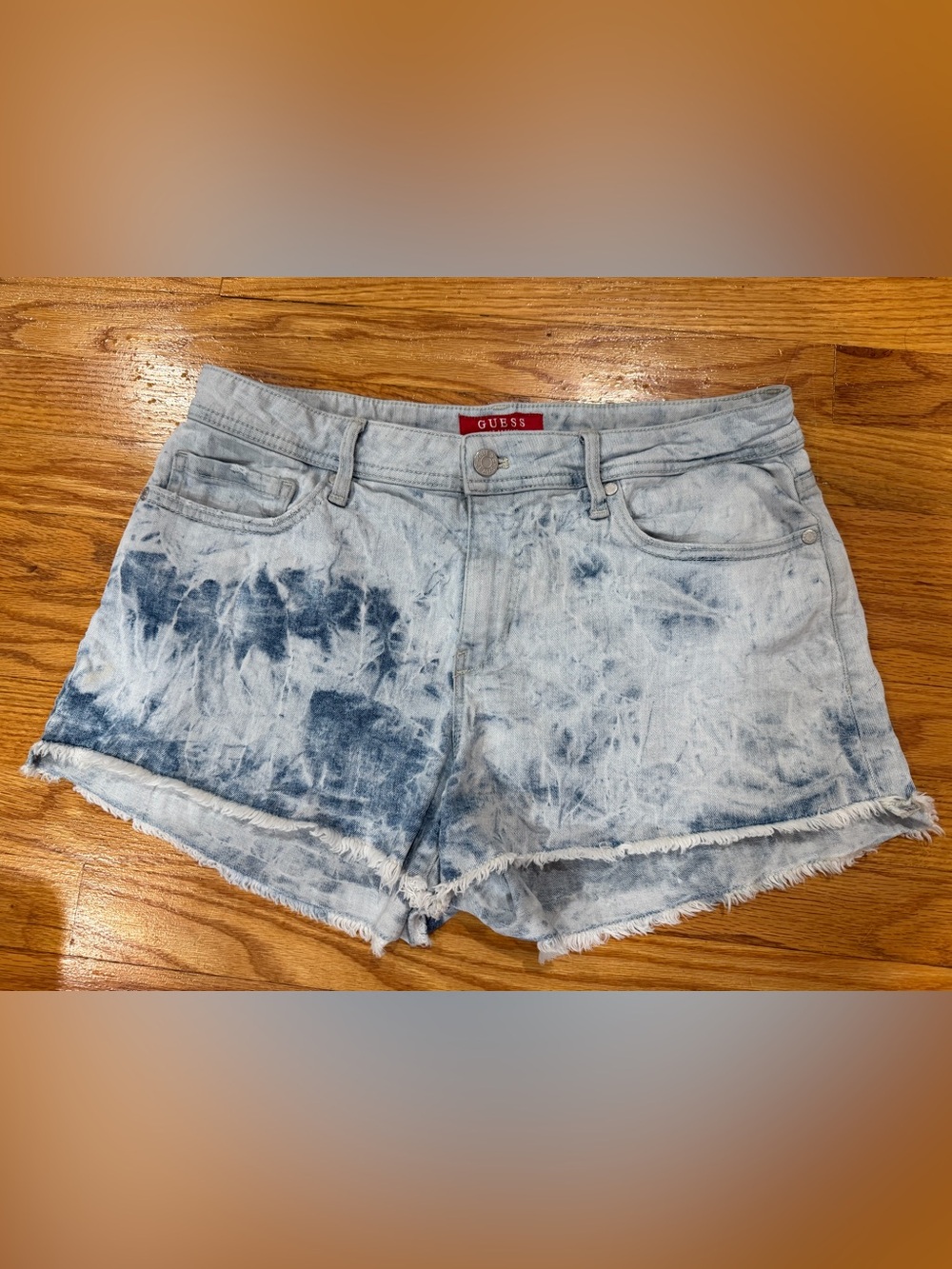 GUESS Acid Wash Denim Cutoff Shorts - Blue/White